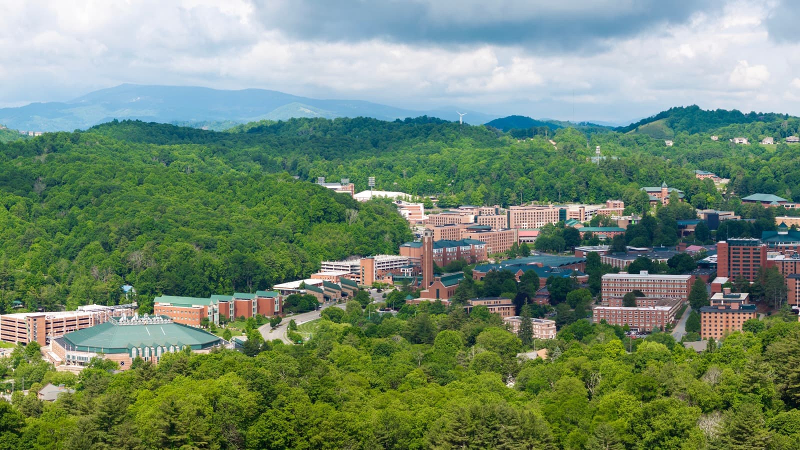 Appalachian State University campus nestled in the Blue Ridge Mountains near Boone, North Carolina